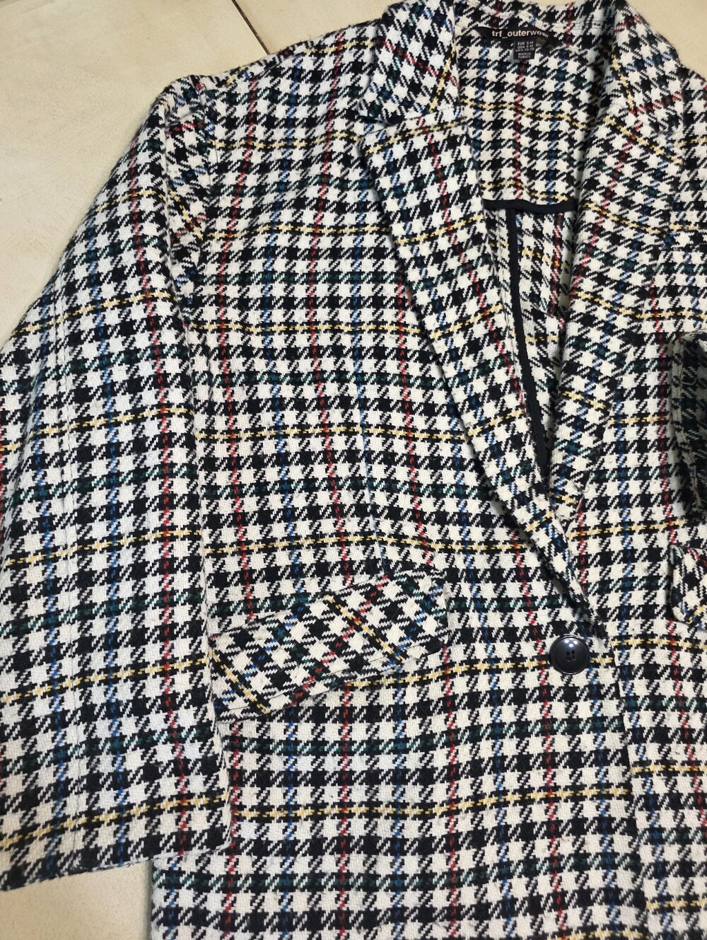 Zara TRF Multicolored Houndstooth Wool-Blend Tailored Blazer Chic Jacket S/M